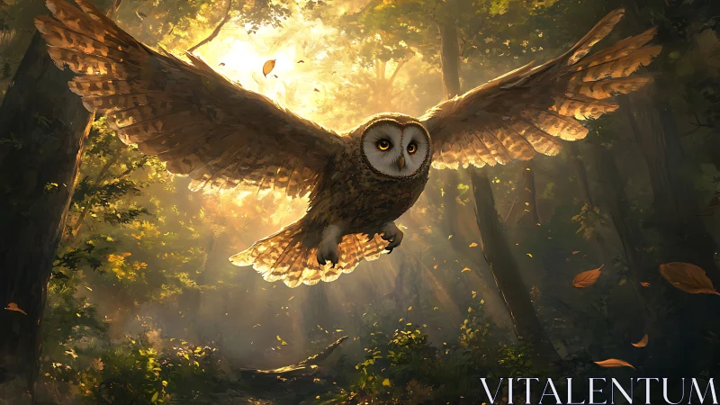 Majestic owl in flight through sunlit forest, digital art style.