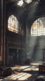 Sunlit decay inside abandoned industrial warehouse interior.
