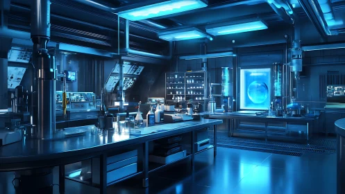 Futuristic blue laboratory shows advanced sterile research environment