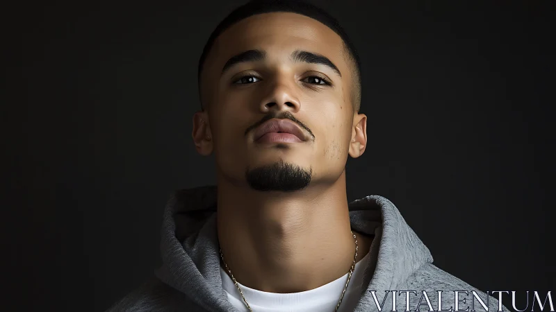 Low-key studio portrait of man in hoodie with assertive gaze