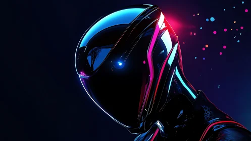 Futuristic helmeted figure under neon cyberpunk lights.
