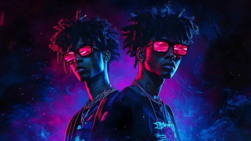 Neon-lit mirrored youths with cyberpunk vaporwave glow