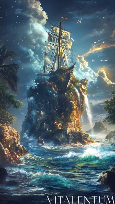 Sailing vessel perched on illuminated cliff amid stormy ocean landscape.