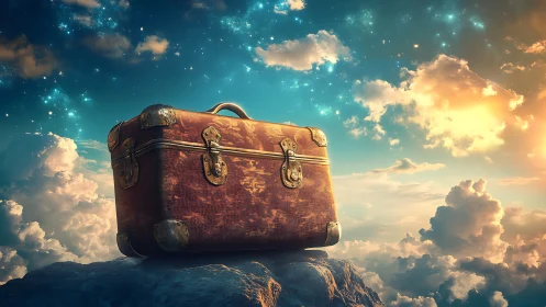 Vintage suitcase rests on rocky peak under vivid sky