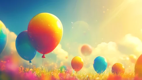 Colorful Balloons Drifting Over Vibrant Wildflower Meadow at Sunset