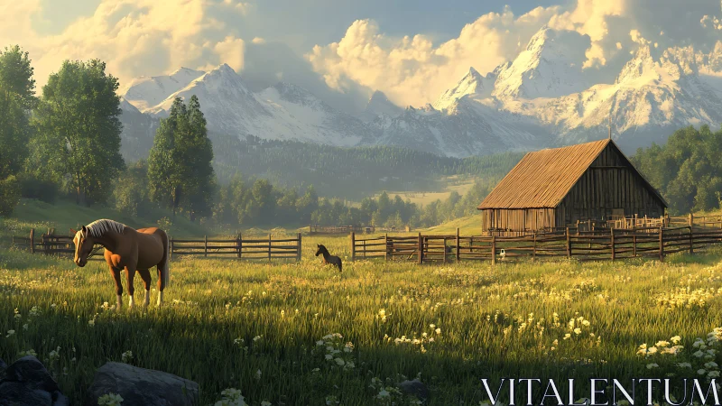 Morning light gently warms a peaceful mountain horse pasture