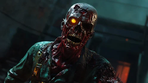 Detailed 3D render of decayed humanoid with glowing eye.