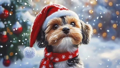 Small dog in Santa hat outdoors in snowy holiday setting.