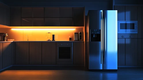 Modern kitchen interior contrasts warm strip light and cool fridge