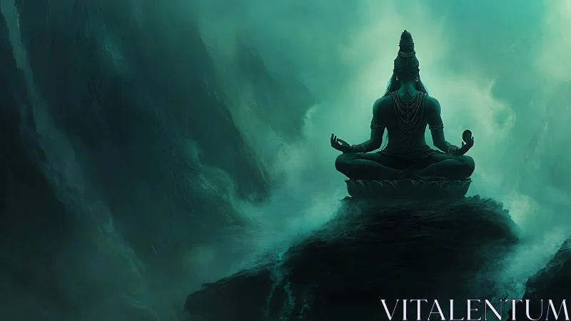 Meditative deity silhouette over misty emerald abyss.