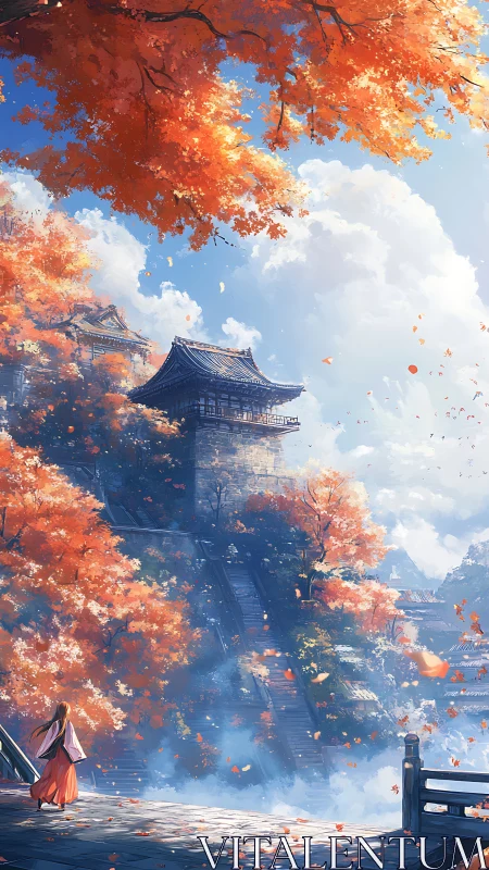 Autumn-clad mountain temple rendered in luminous anime style