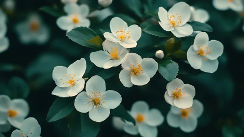 White Camellia Blossoms with Golden Stamens and Verdant Foliage