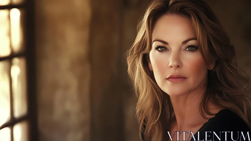 Calm portrait of woman by softly lit rustic window frame.