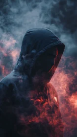 Mysterious hooded figure glows softly amid swirling red smoke