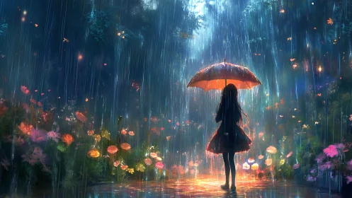 Girl under glowing umbrella in luminescent rain garden.