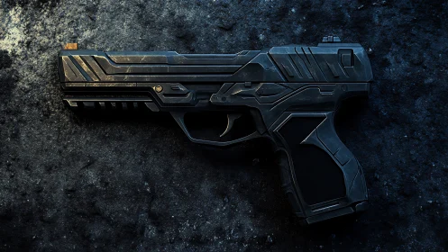 Futuristic tactical handgun rests on gritty dark ground