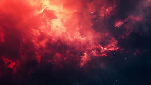 Blazing red nebula cloudscape across dark cosmic void.