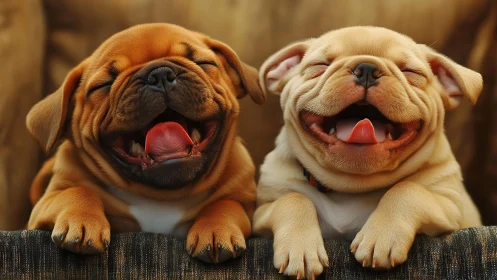 Two short-muzzled puppies resting on fabric surface.