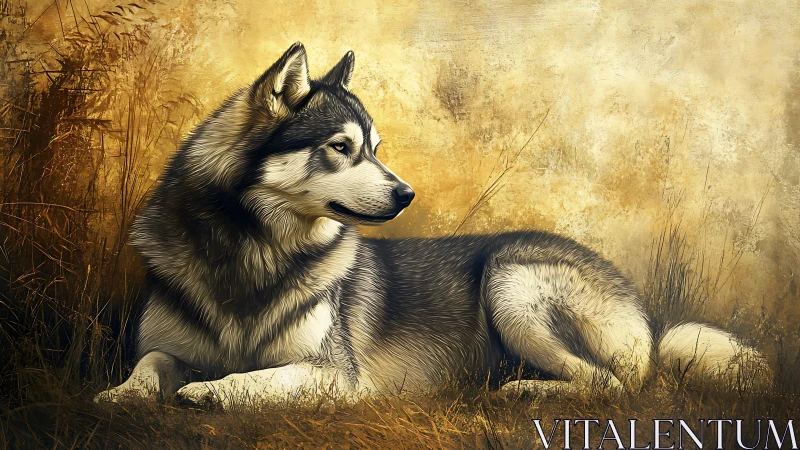Siberian husky resting in dry grass, warm tonal digital painting