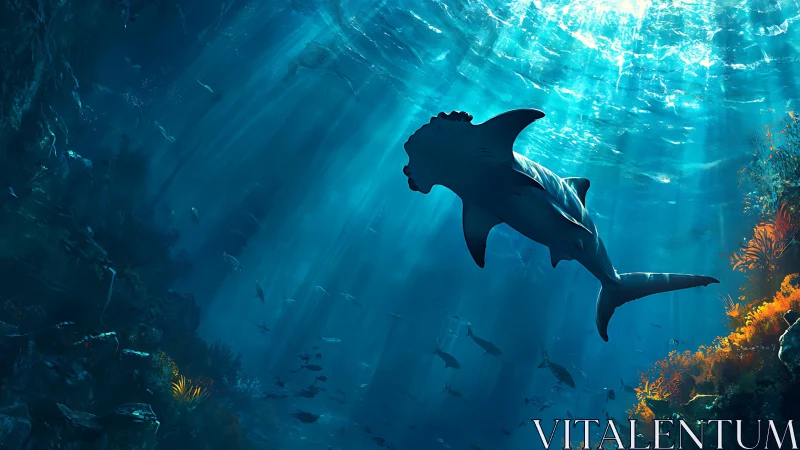 Hammerhead shark swims through sunlit underwater canyon