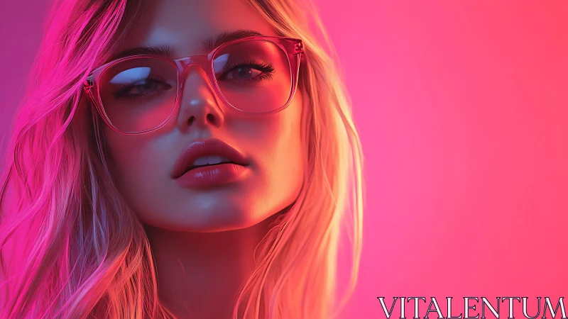 Female portrait with pink eyewear under neon lighting.