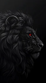 Black lion profile illustration shows red eye and detailed mane