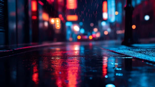 Neon lit wet city street with shallow focus at night.