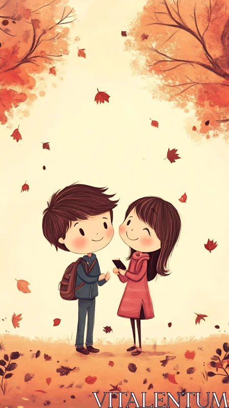 Two Young People Standing Together Under Autumn Trees