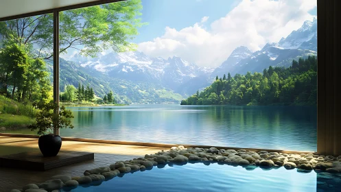 Serene lakeside retreat opens onto calm water and alpine peaks