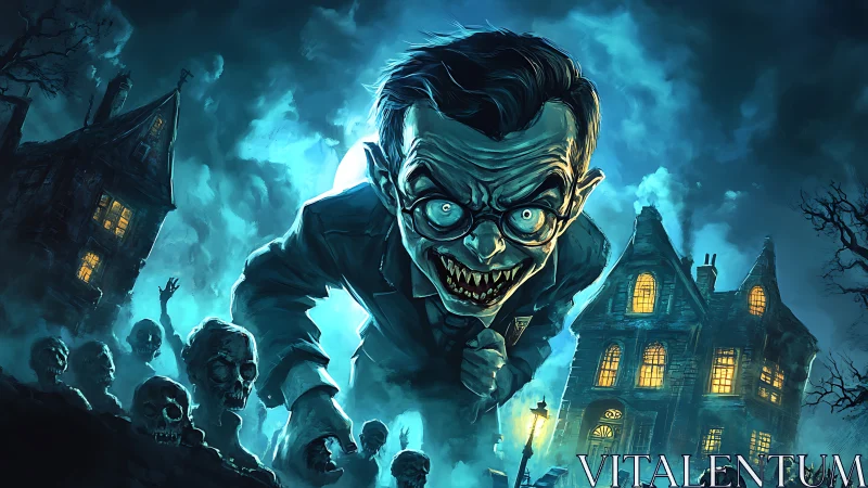 Sinister caretaker stalks a haunted mansion under eerie skies