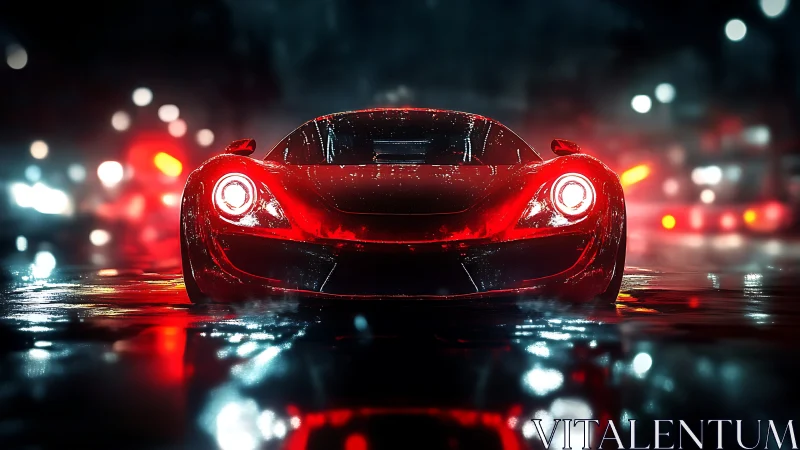 Sleek red supercar glows through neon reflections on wet streets