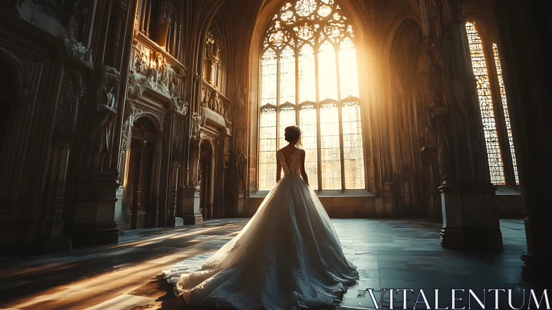 Bride stands in backlit gothic hall with tall stained glass