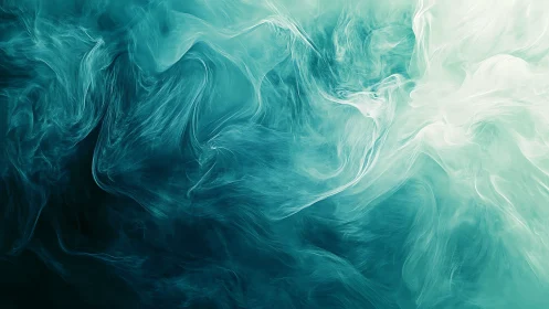 Teal and white swirling abstract smoke on dark background.
