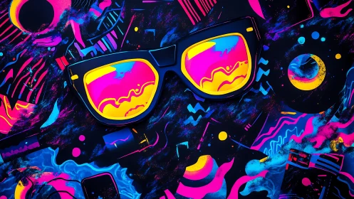 Neon sunglasses lie centered on abstract fluorescent background