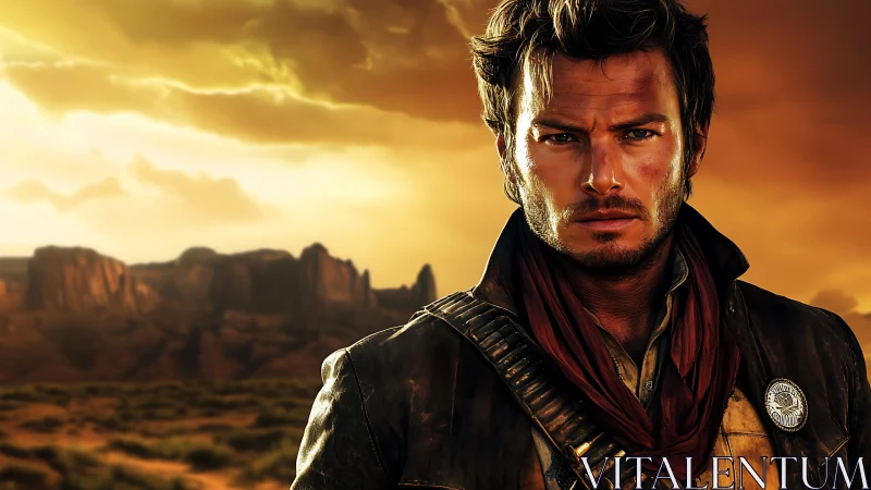 Lone gunslinger stands defiant beneath a blazing desert sky