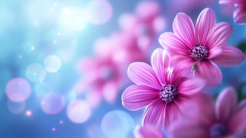 Pink cosmos flowers with soft-focus bokeh against luminous blue backdrop.