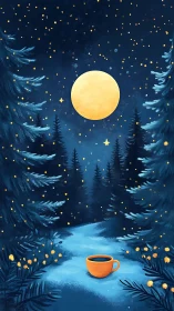 Moonlit conifer forest path with orange cup in snow.