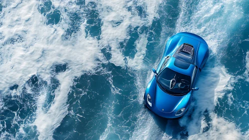 Electric blue sports car gliding across textured ocean water.