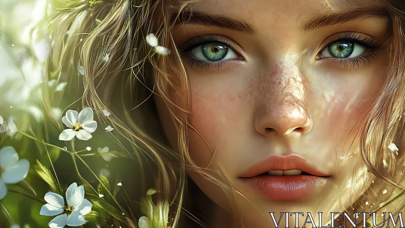 Gentle forest muse gazes softly through wild spring blooms