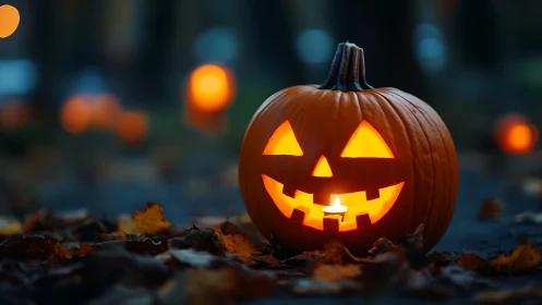 Jack-o-lantern grins in candlelit dusk among fallen leaves.