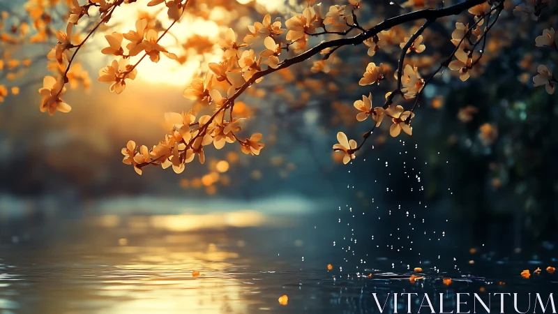Golden blossoms over gentle water at a dreamy sunset.