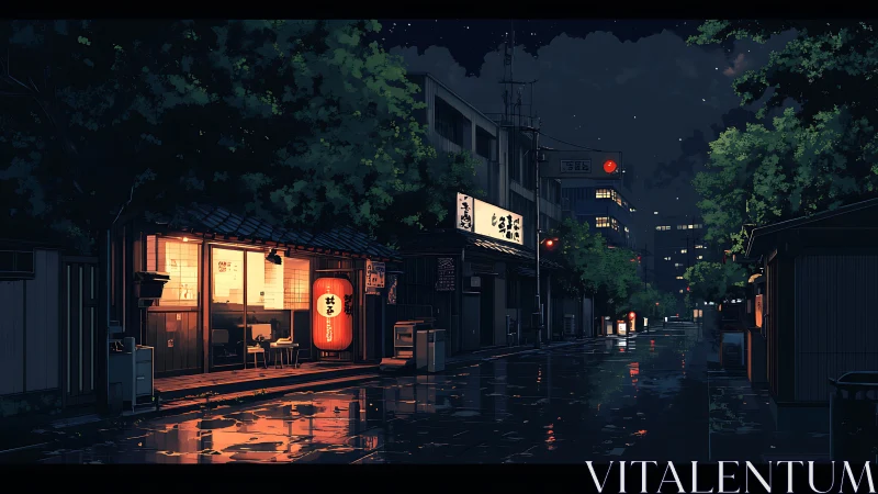 Rain-soaked Tokyo alley glows under soft lantern light.