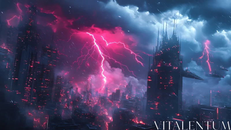 Neon storm rages above a dark futuristic megacity skyline