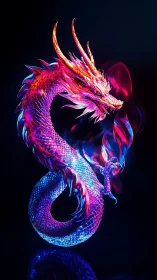 Luminous neon dragon coils in darkness with ethereal flame