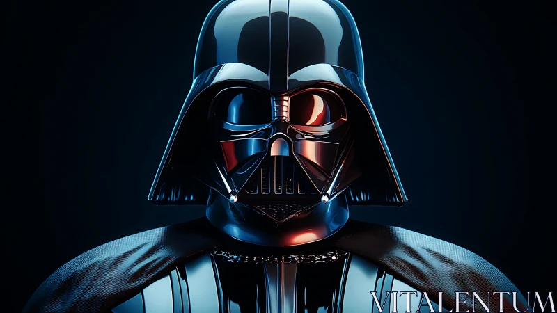 Black armored helmet under cinematic blue red lighting.