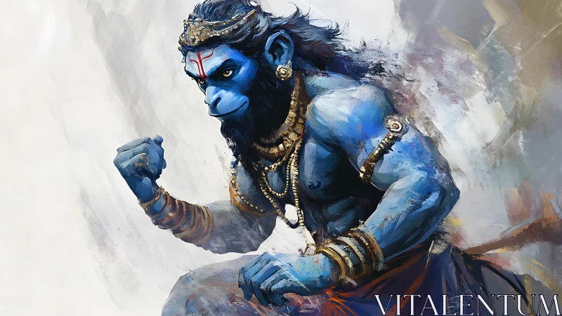 Blue warrior deity with clenched fist readies for battle