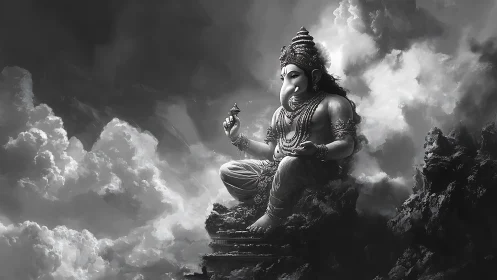 Monochrome divine figure seated amid volumetric storm clouds.