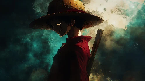 Backlit straw-hatted anime figure in high-contrast rim lighting