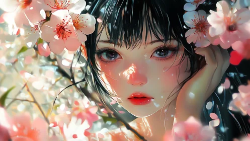 Anime portrait with blossom bokeh and luminous gaze.