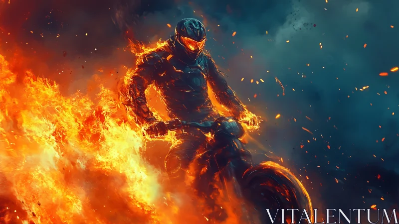 Flaming armored biker rides through a storm of blazing fire.